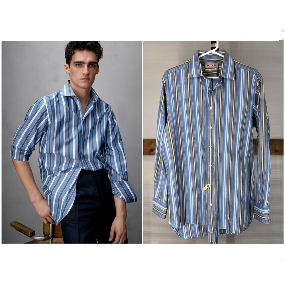 Pink THOMAS PINK Striped Button Down Shirt Blue Yellow White Green Sz 16 /‎ 34.5